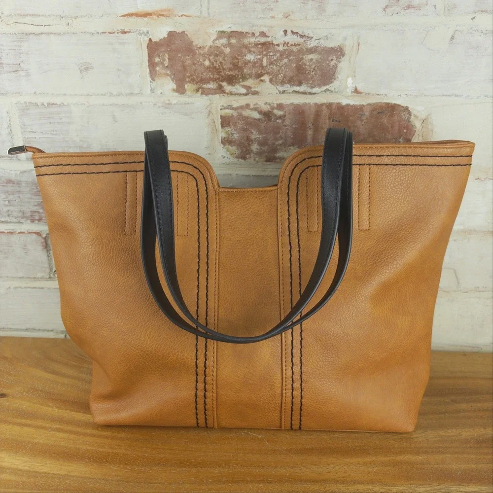 Montana West Tote Bag Camel Whipstitch Western Boho Purse Black Straps Gold Tone